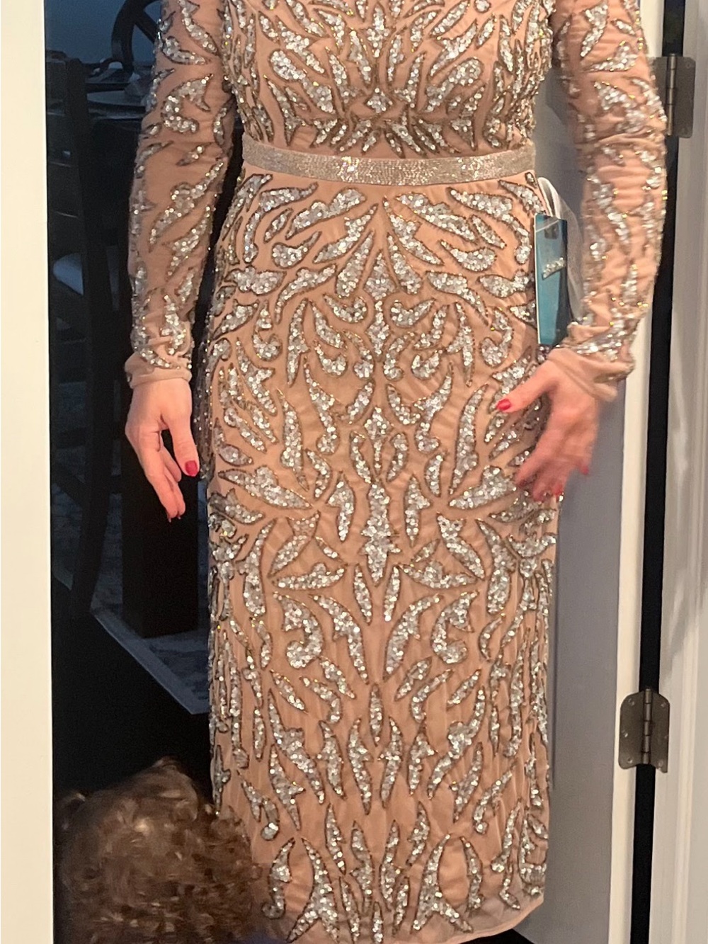 Mac Duggal Nude Midi Dress with Silver Sequin Embellishment